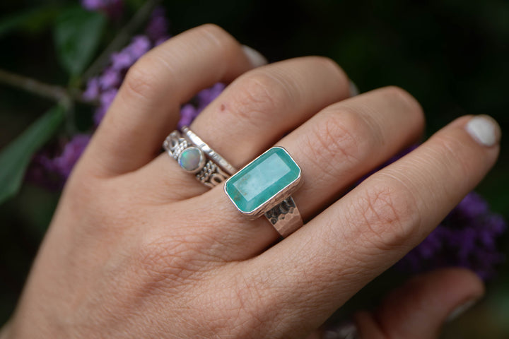 Blue Peruvian Opal Ring in Beaten Sterling Silver with Adjustable Band