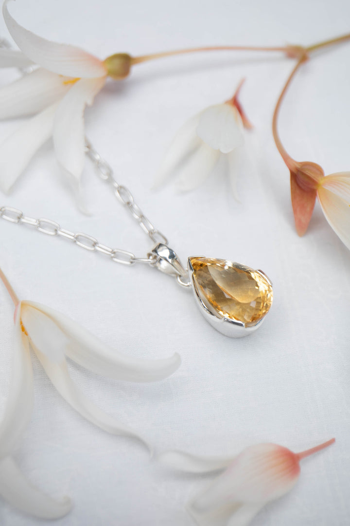 Teardrop Faceted Natural Citrine Pendant in Unique Sterling Silver Setting