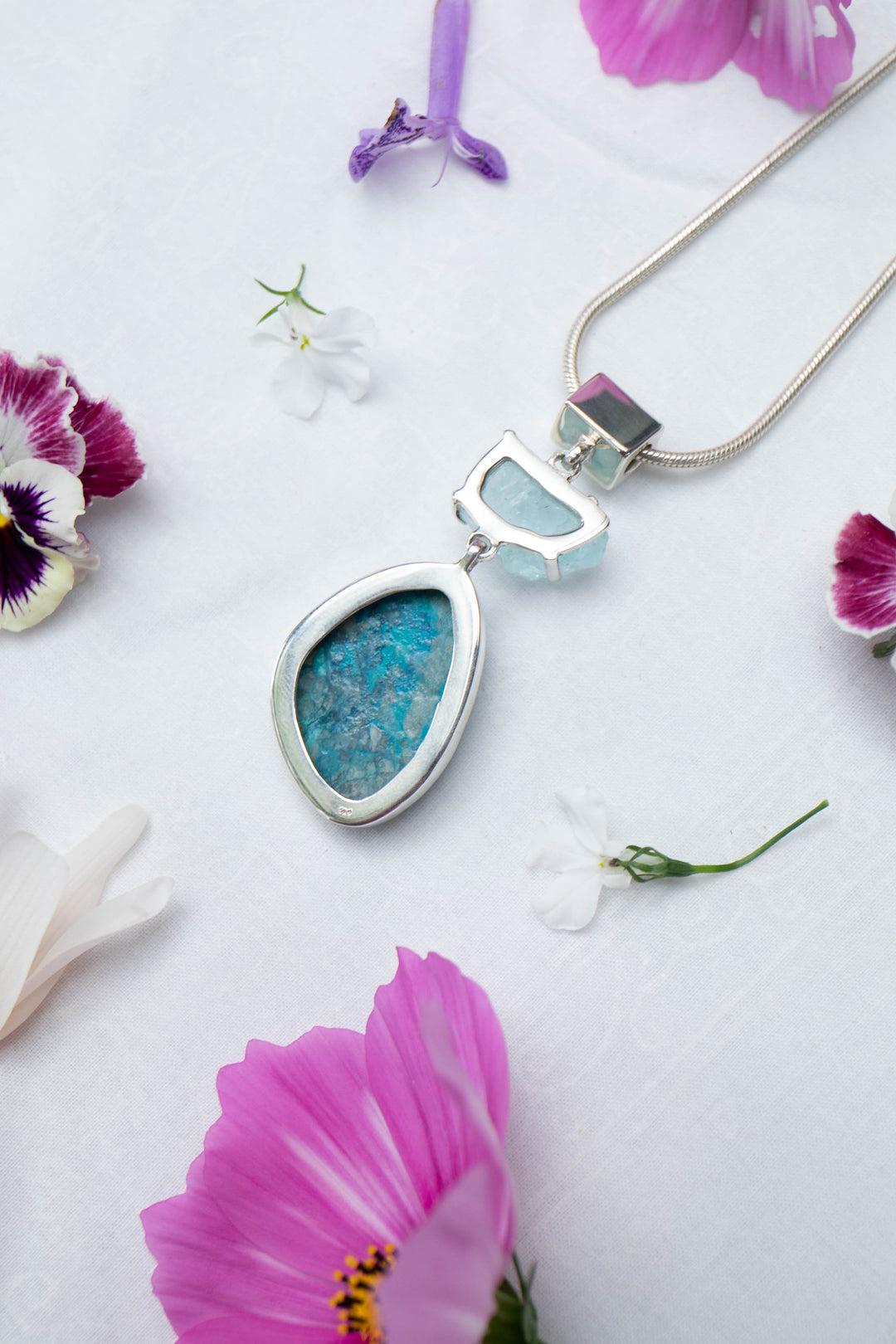 Shattuckite and Raw Aquamarine Sterling Silver Pendant