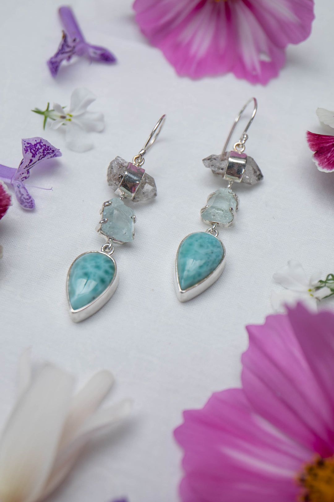 Larimar, Herkimer Diamond and Raw Aquamarine Earrings set in Sterling Silver