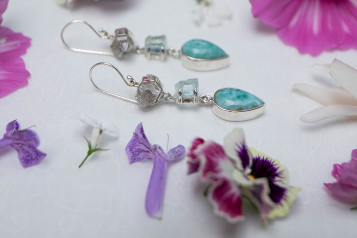 Larimar, Herkimer Diamond and Raw Aquamarine Earrings set in Sterling Silver