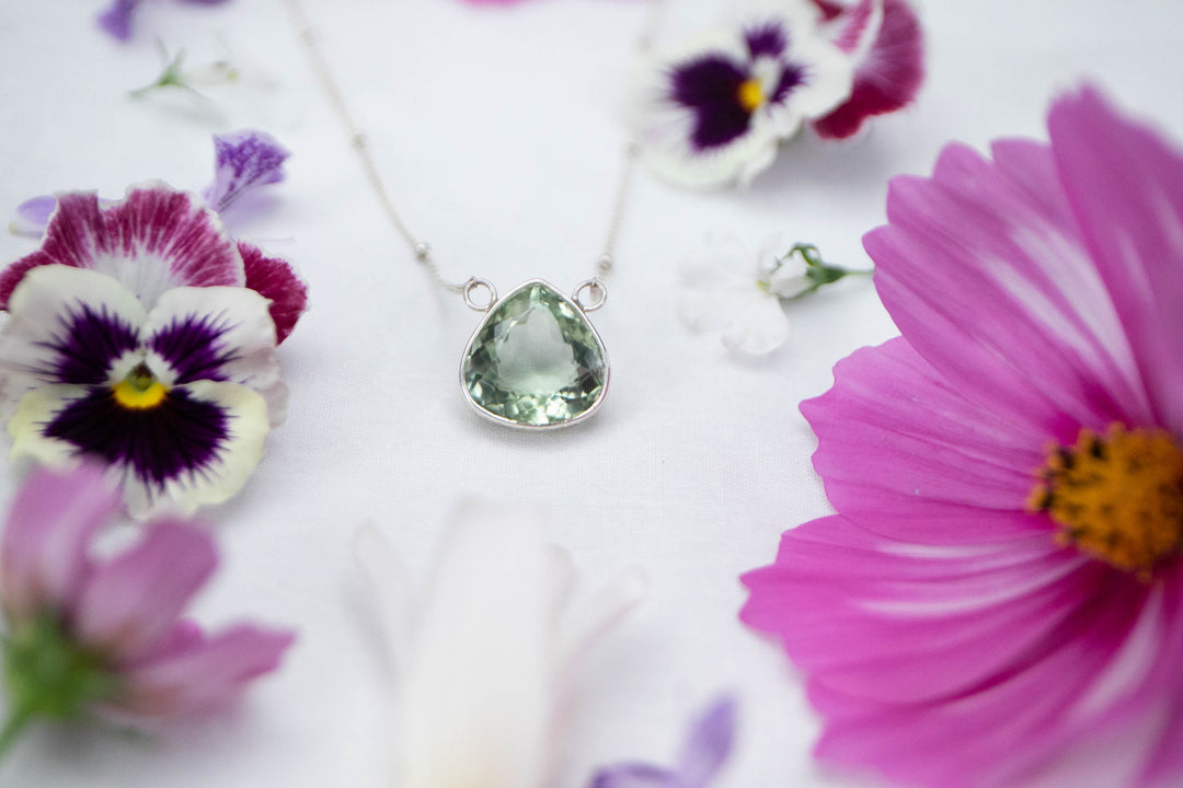 Faceted Green Amethyst or Prasiolite Pendant on Fine Sterling Silver Chain
