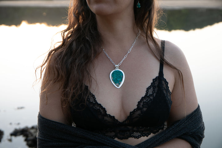 Statement Raw Dioptase Pendant set in Sterling Silver