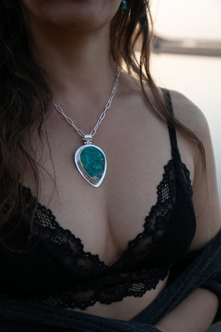 Statement Raw Dioptase Pendant set in Sterling Silver