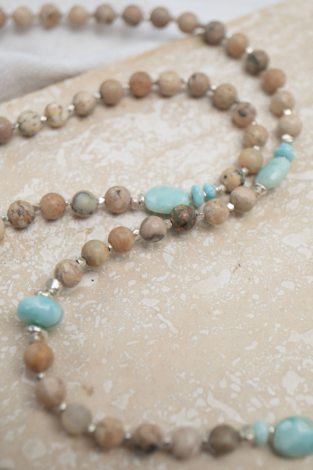 Larimar and Dendritic Agate Handmade Necklace with Thai Hill Tribe Silver Beads and Larimar Pendant