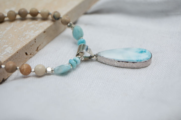 Larimar and Dendritic Agate Handmade Necklace with Thai Hill Tribe Silver Beads and Larimar Pendant