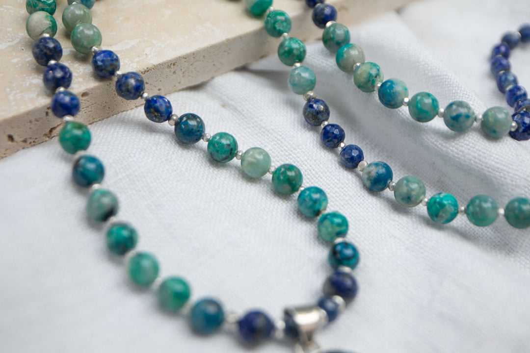 Statement Chrysocolla and Lapis Lazuli Mala Necklace with Thai Hill Tribe Silver and Shattuckite Pendant