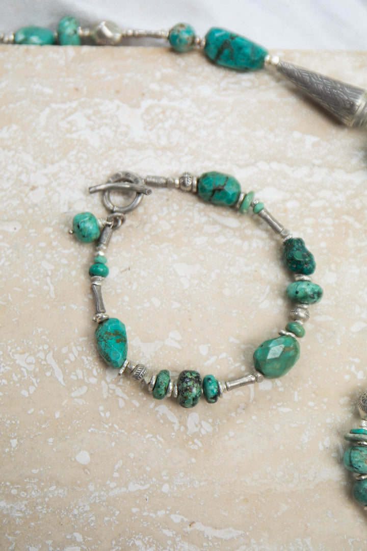 Natural Turquoise Bracelet with Thai Hill Tribe Silver Beads