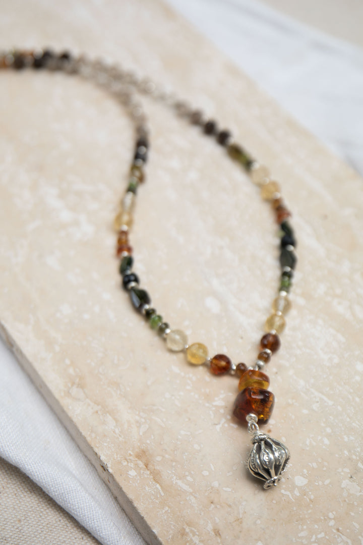 Handmade Citrine, Tourmaline, Smokey Quartz and Turquoise Beaded Necklace with Thai Hill Tribe Silver and Elephant Pendant