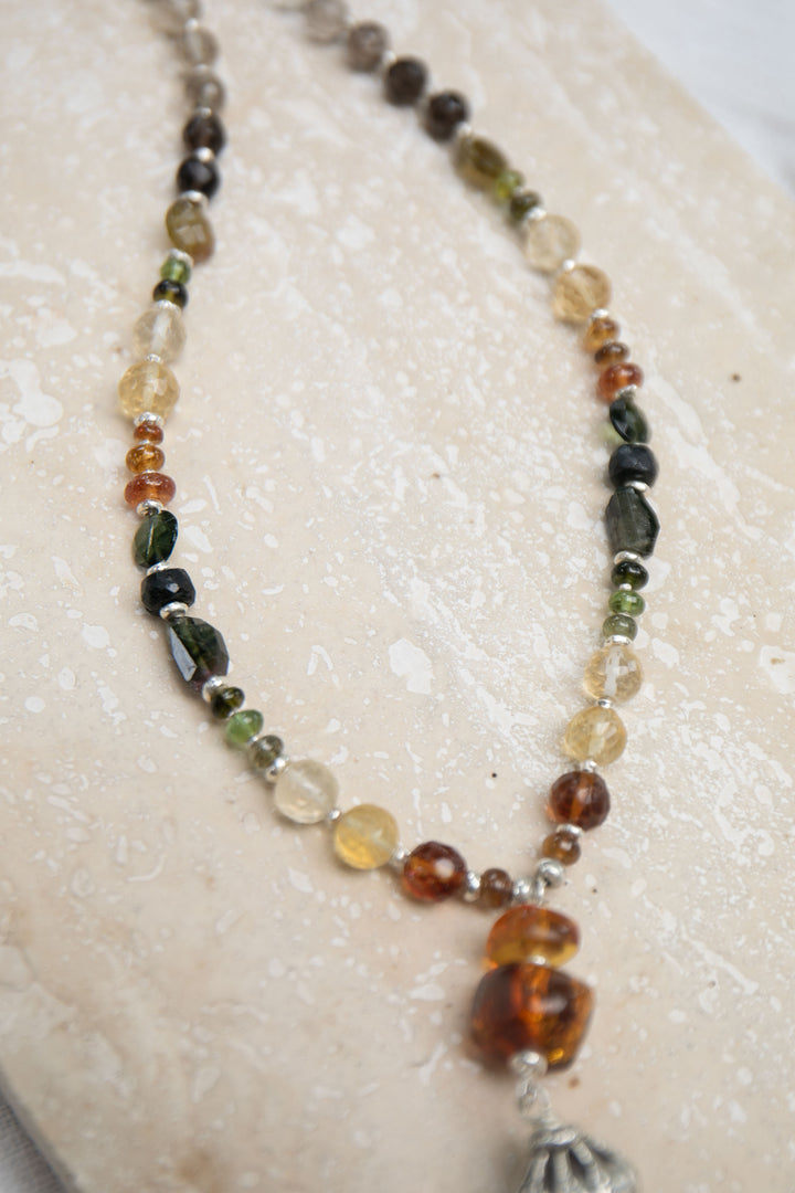 Handmade Citrine, Tourmaline, Smokey Quartz and Turquoise Beaded Necklace with Thai Hill Tribe Silver and Elephant Pendant