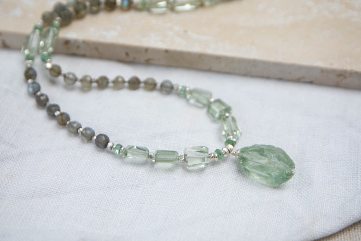 Statement Labradorite, Green Kyanite and Raw + Faceted Green Amethyst Mala Necklace