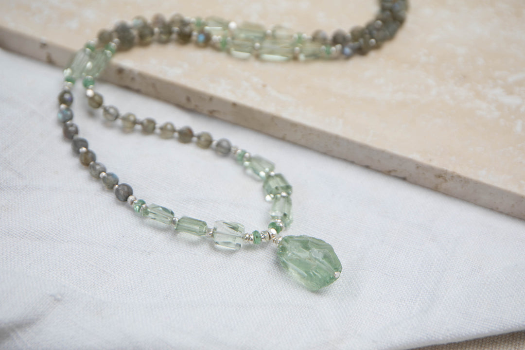 Statement Labradorite, Green Kyanite and Raw + Faceted Green Amethyst Mala Necklace