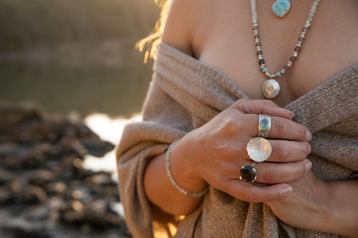 Larimar, Smokey Quartz + Aquamarine Mala Necklace with Lotus Pendant