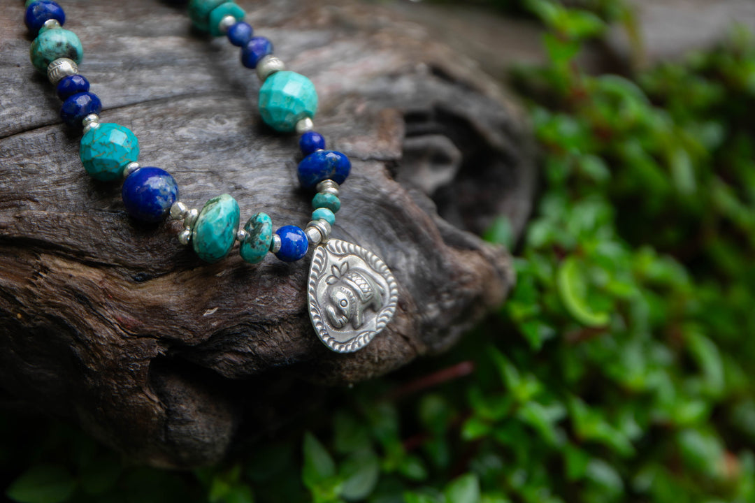 Genuine Lapis and Turquoise Necklace with Hill Tribe Silver Beads and Elephant Pendant