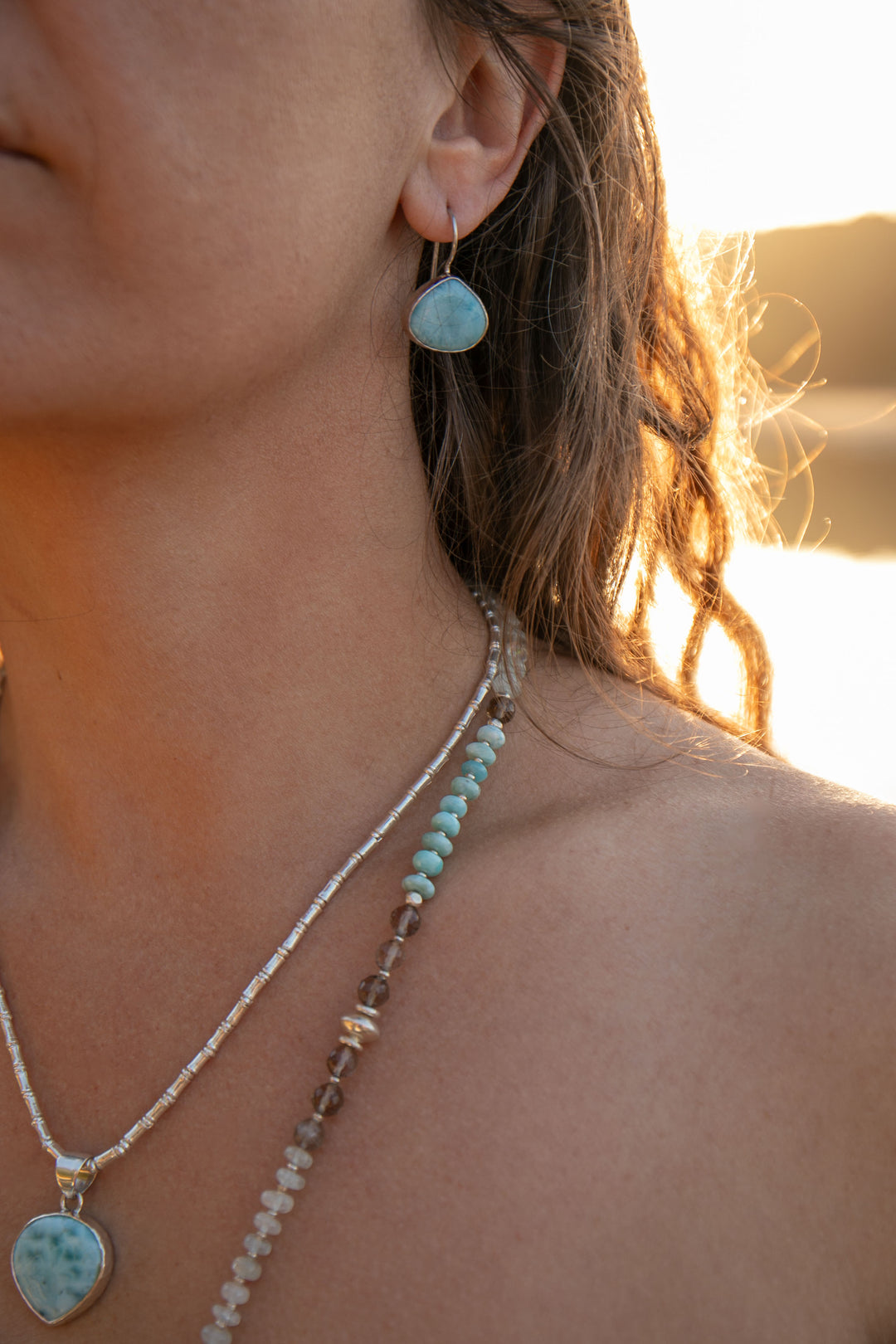 Larimar, Smokey Quartz + Aquamarine Mala Necklace with Lotus Pendant