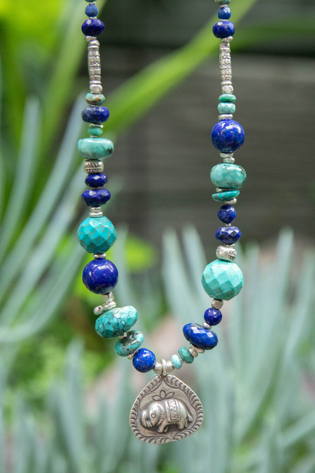 Genuine Lapis and Turquoise Necklace with Hill Tribe Silver Beads and Elephant Pendant