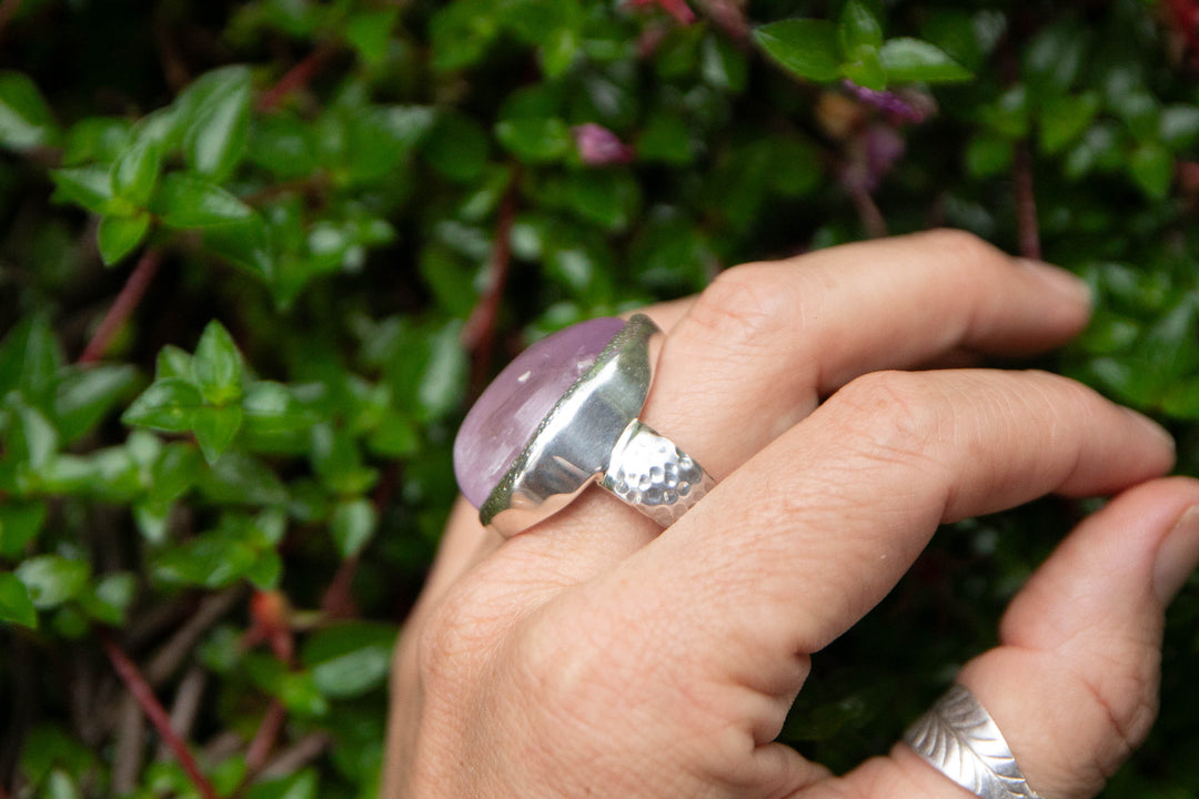 Statement Teardrop Pink Kunzite Ring with Beaten Sterling Silver Bezel Setting - Size 9.5 US