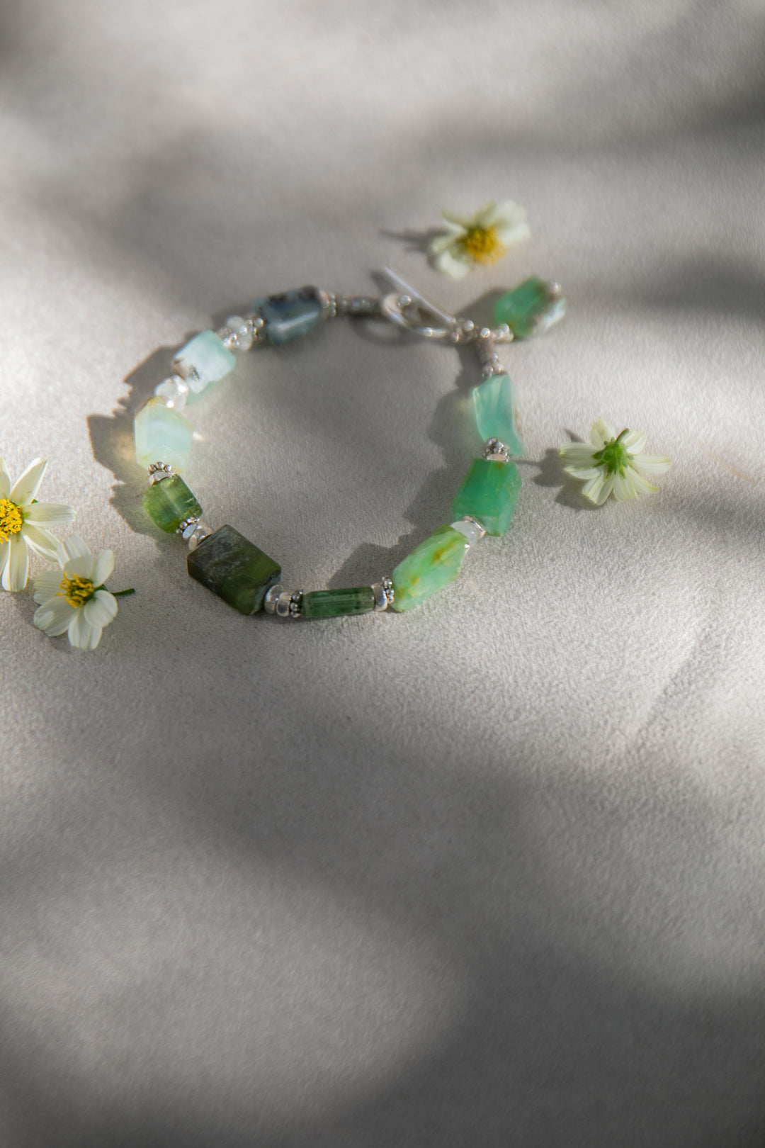Peruvian Opal, Green Tourmaline & Aquamarine Bracelet with Thai Hill Tribe Silver