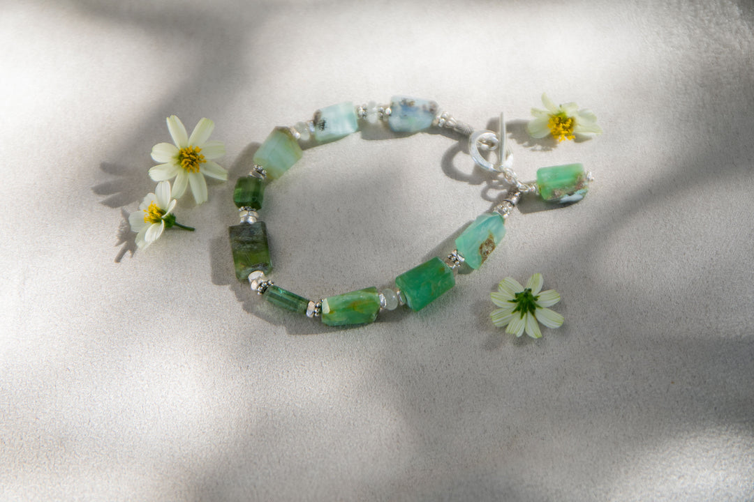 Peruvian Opal, Green Tourmaline & Aquamarine Bracelet with Thai Hill Tribe Silver