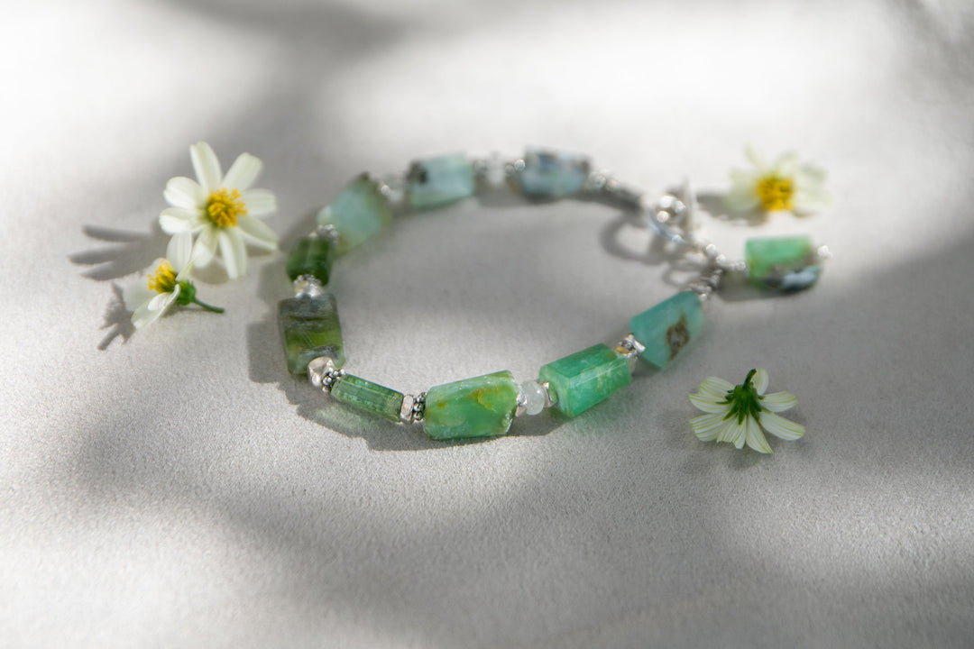 Peruvian Opal, Green Tourmaline & Aquamarine Bracelet with Thai Hill Tribe Silver