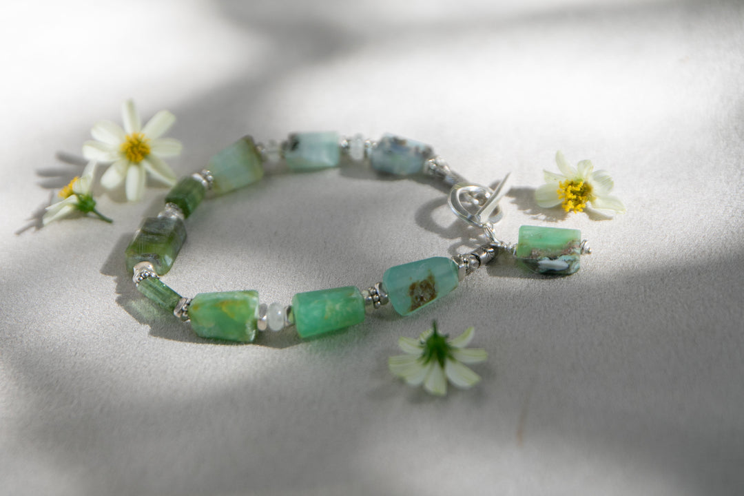 Peruvian Opal, Green Tourmaline & Aquamarine Bracelet with Thai Hill Tribe Silver