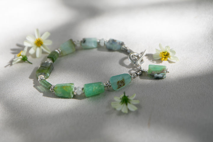 Peruvian Opal, Green Tourmaline & Aquamarine Bracelet with Thai Hill Tribe Silver