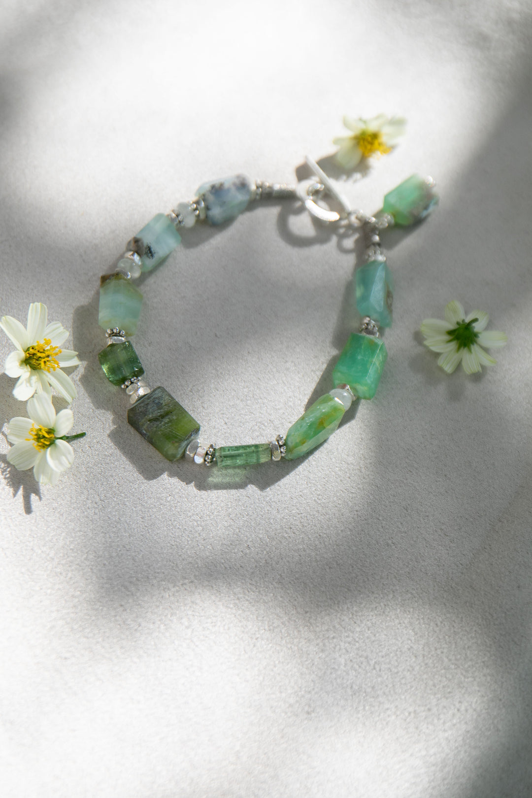 Peruvian Opal, Green Tourmaline & Aquamarine Bracelet with Thai Hill Tribe Silver
