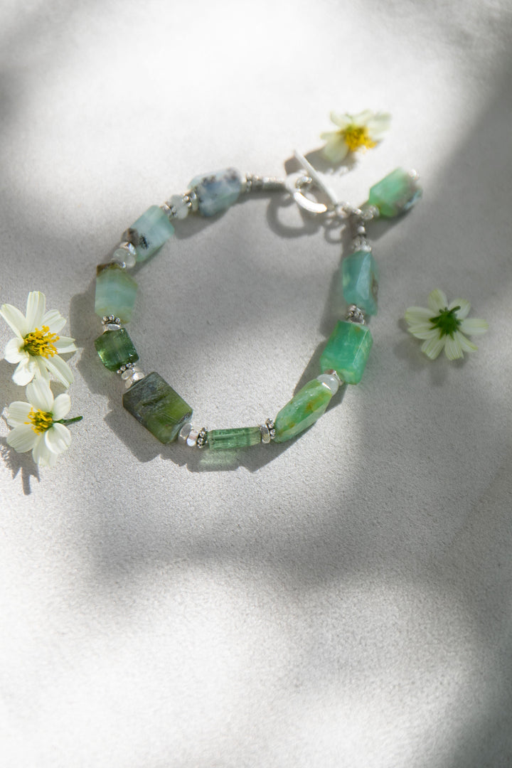 Peruvian Opal, Green Tourmaline & Aquamarine Bracelet with Thai Hill Tribe Silver