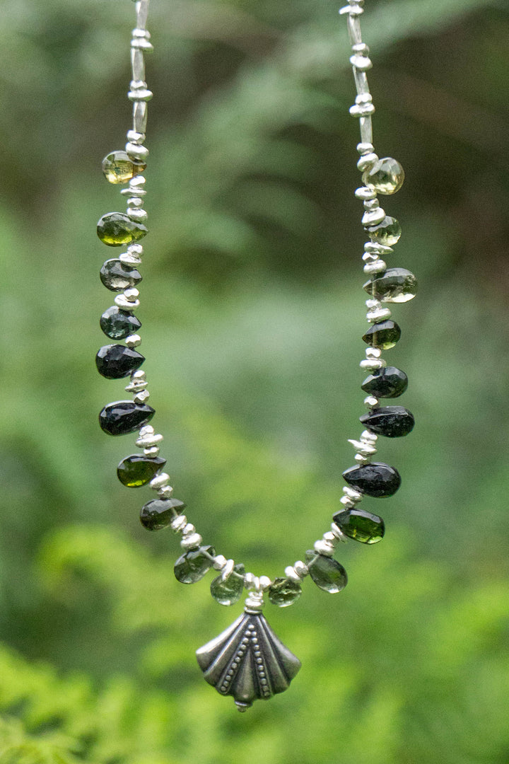 Graduated Green Tourmaline Necklace with Thai Hill Tribe Silver Beads and Silver Pendant