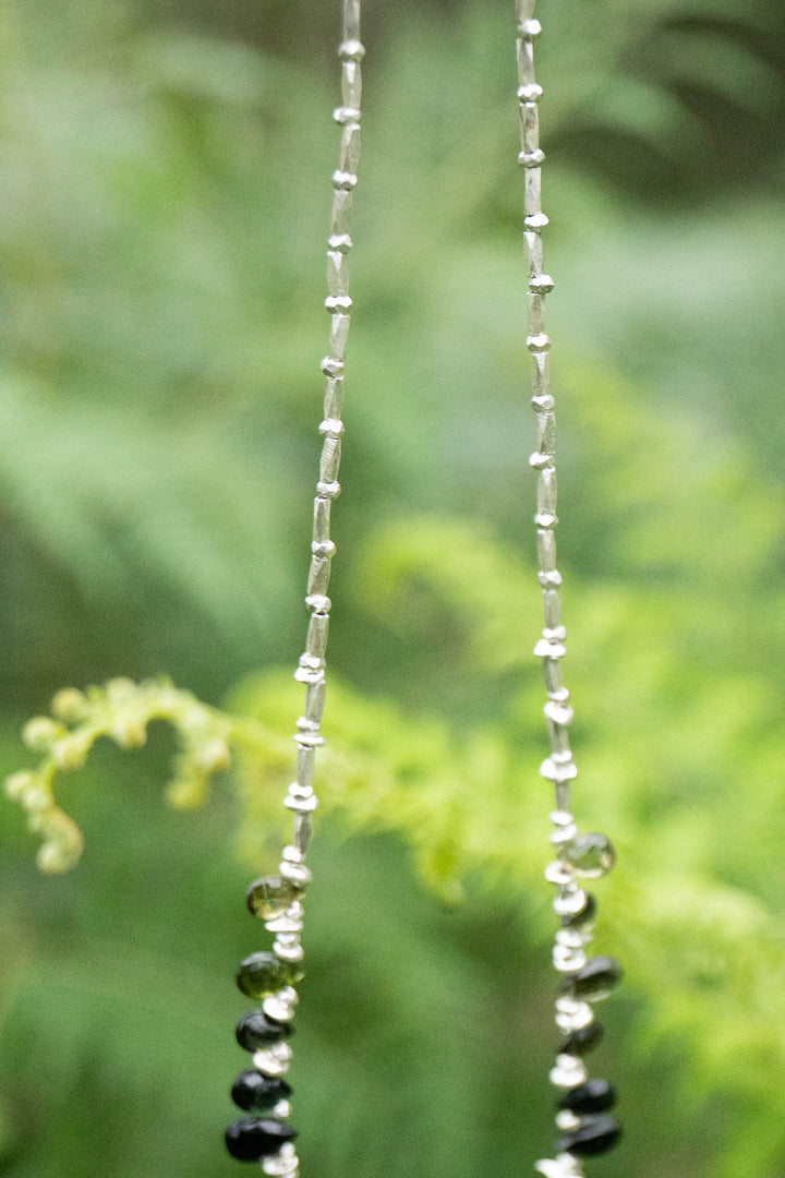 Graduated Green Tourmaline Necklace with Thai Hill Tribe Silver Beads and Silver Pendant