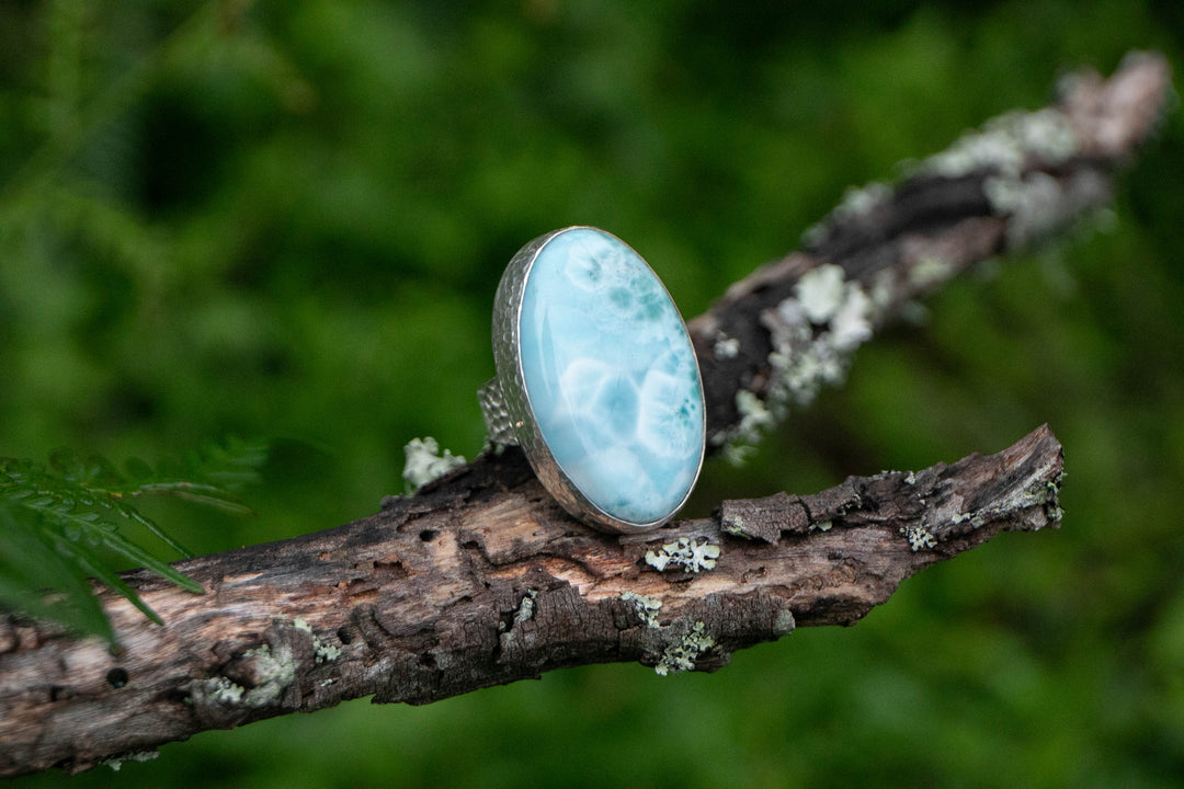 Statement Larimar Ring set in Hammered Sterling Silver with Adjustable Band