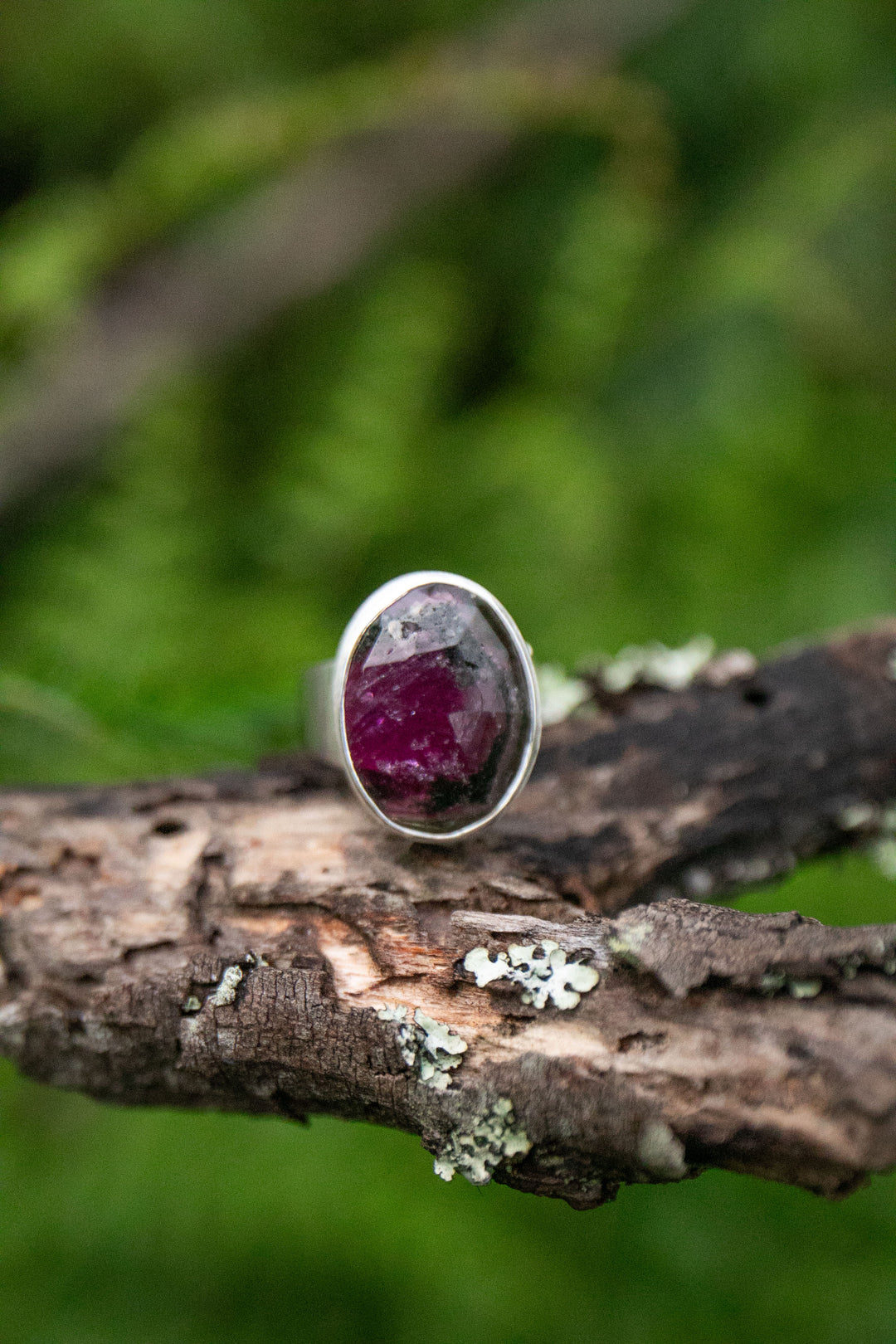 Rose Cut Watermelon Tourmaline Ring in Brushed Sterling Silver Setting - Adjustable Band