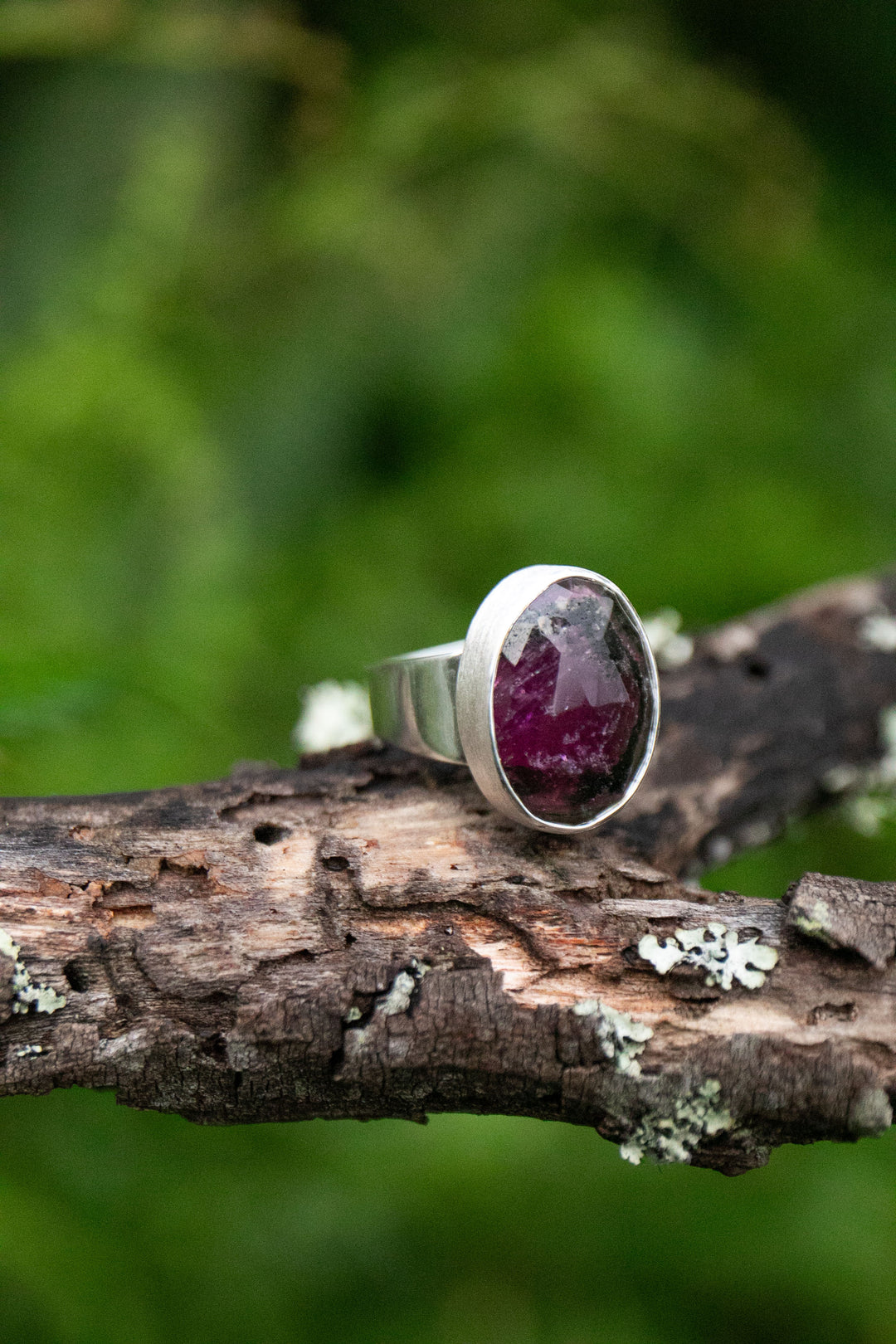 Rose Cut Watermelon Tourmaline Ring in Brushed Sterling Silver Setting - Adjustable Band