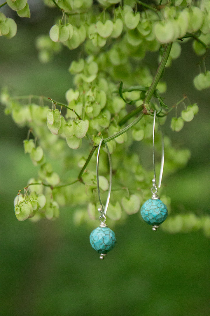 Turquoise Earrings with Thai Hill Tribe Silver Beads and Long Hooks