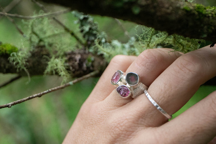 Multi Raw Tourmaline and Watermelon Tourmaline Ring set in Sterling Silver- Size 6 US