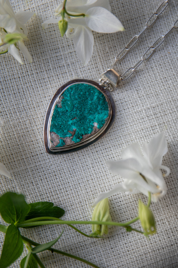 Statement Raw Dioptase Pendant set in Sterling Silver