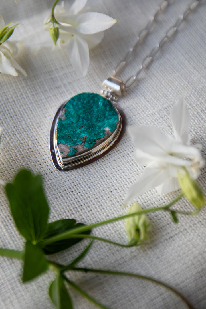 Statement Raw Dioptase Pendant set in Sterling Silver