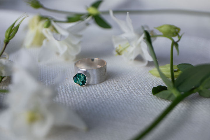 One of a Kind Raw Dioptase Ring set in Brushed Sterling Silver Band - Size 7.5 US