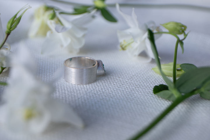 One of a Kind Raw Dioptase Ring set in Brushed Sterling Silver Band - Size 7.5 US