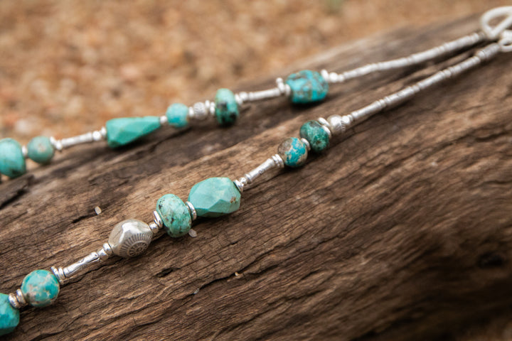 Asymmetrical Chunky Natural Turquoise Necklace with Thai Hill Tribe Silver