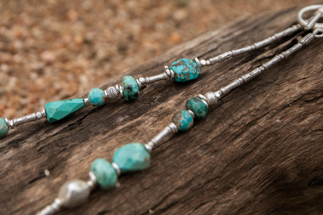 Asymmetrical Chunky Natural Turquoise Necklace with Thai Hill Tribe Silver