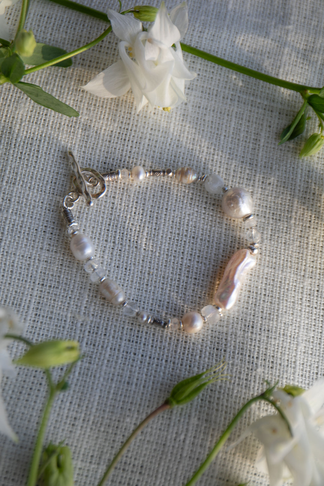 Freshwater Pearl and Rainbow Moonstone Bracelet with Thai Hill Tribe Silver Beads