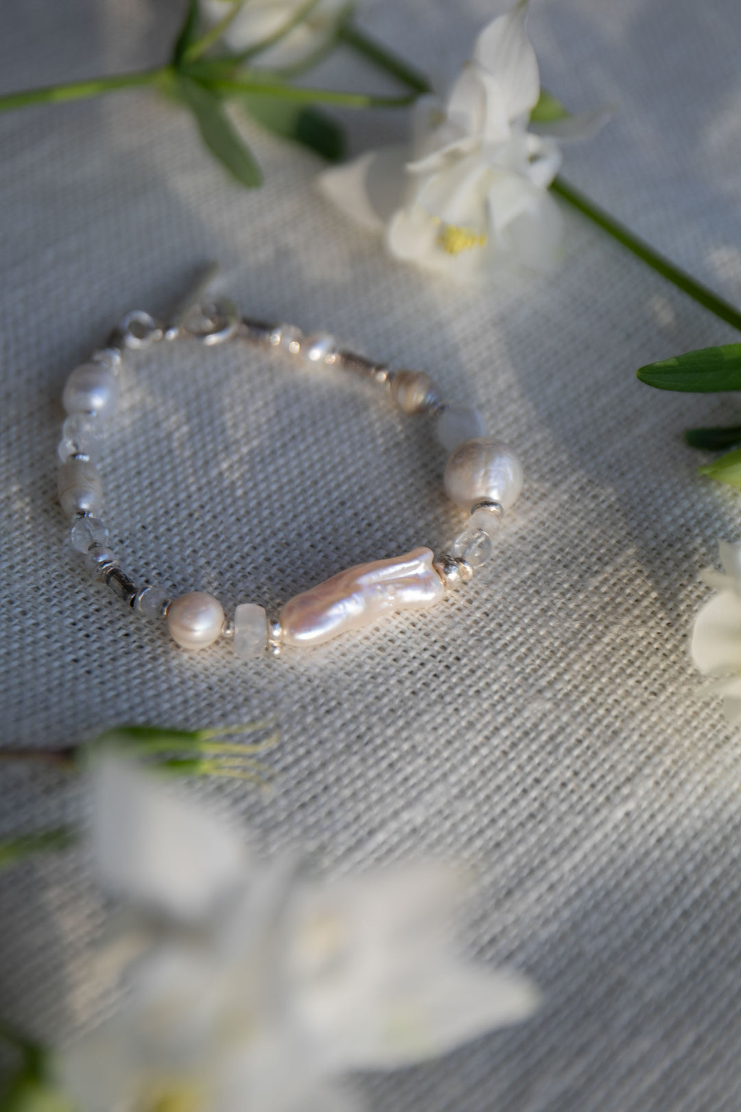 Freshwater Pearl and Rainbow Moonstone Bracelet with Thai Hill Tribe Silver Beads