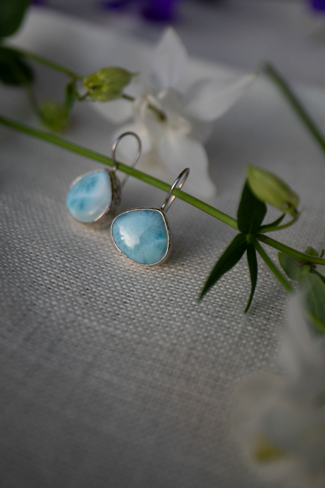 Larimar Earrings in Beaten Sterling Silver