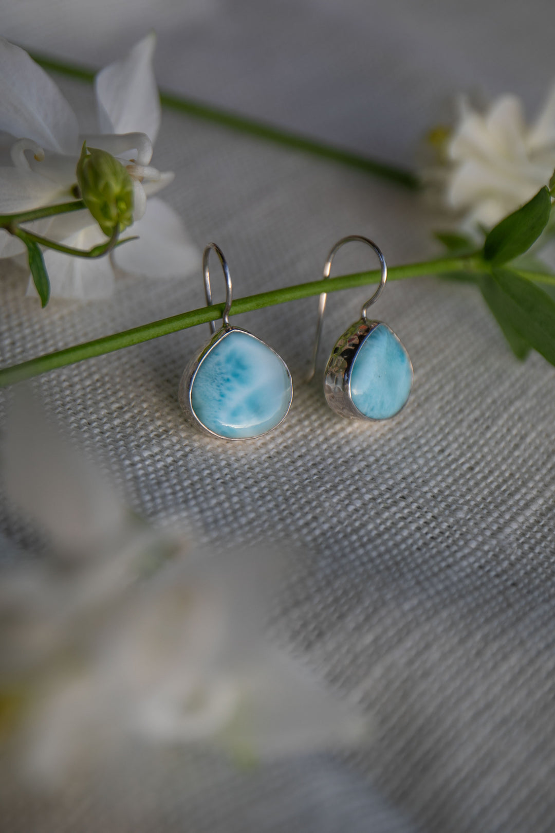 Larimar Earrings in Beaten Sterling Silver