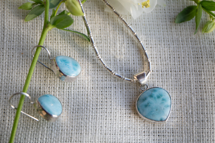 Larimar Earrings in Beaten Sterling Silver