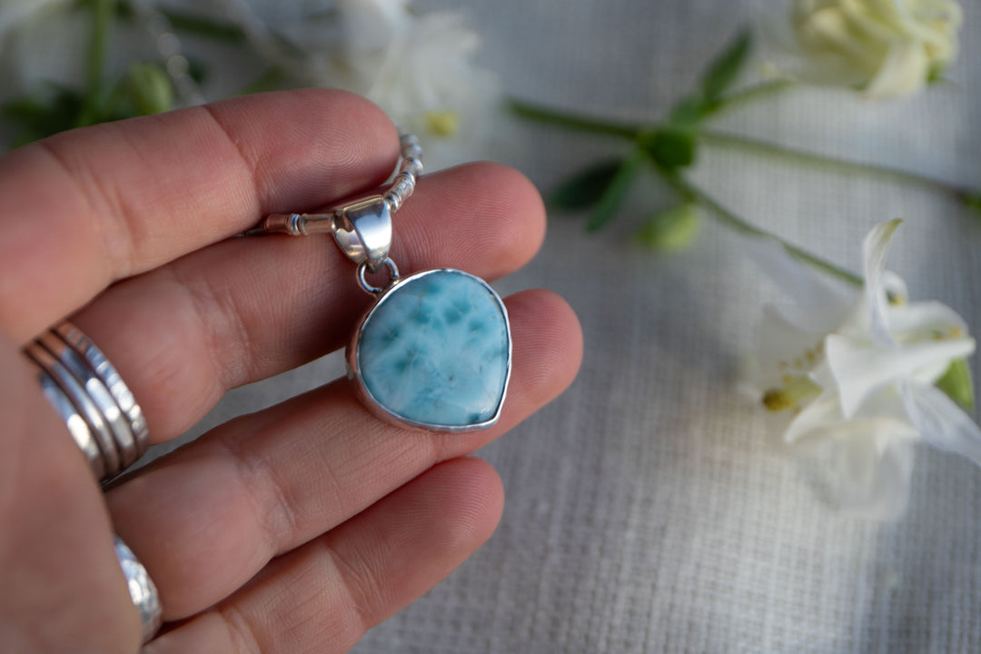 Larimar Pendant in Beaten Silver Setting