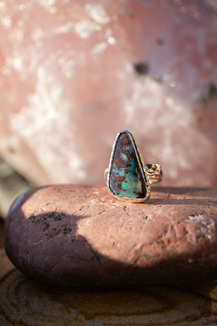 Australian Opal Ring in Unique Sterling Silver Setting - Size 6.5 US