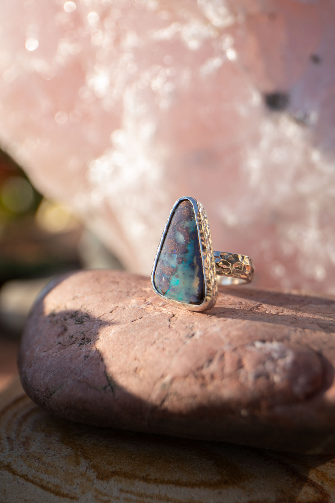 Australian Opal Ring in Unique Sterling Silver Setting - Size 6.5 US