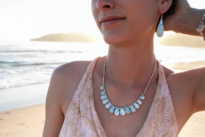 Stunning Teardrop Larimar Briolette Necklace with Thai Hill Tribe Silver